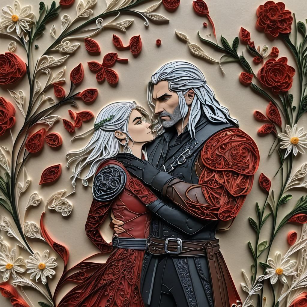 Quilled Medieval Witcher and Bard Kissing