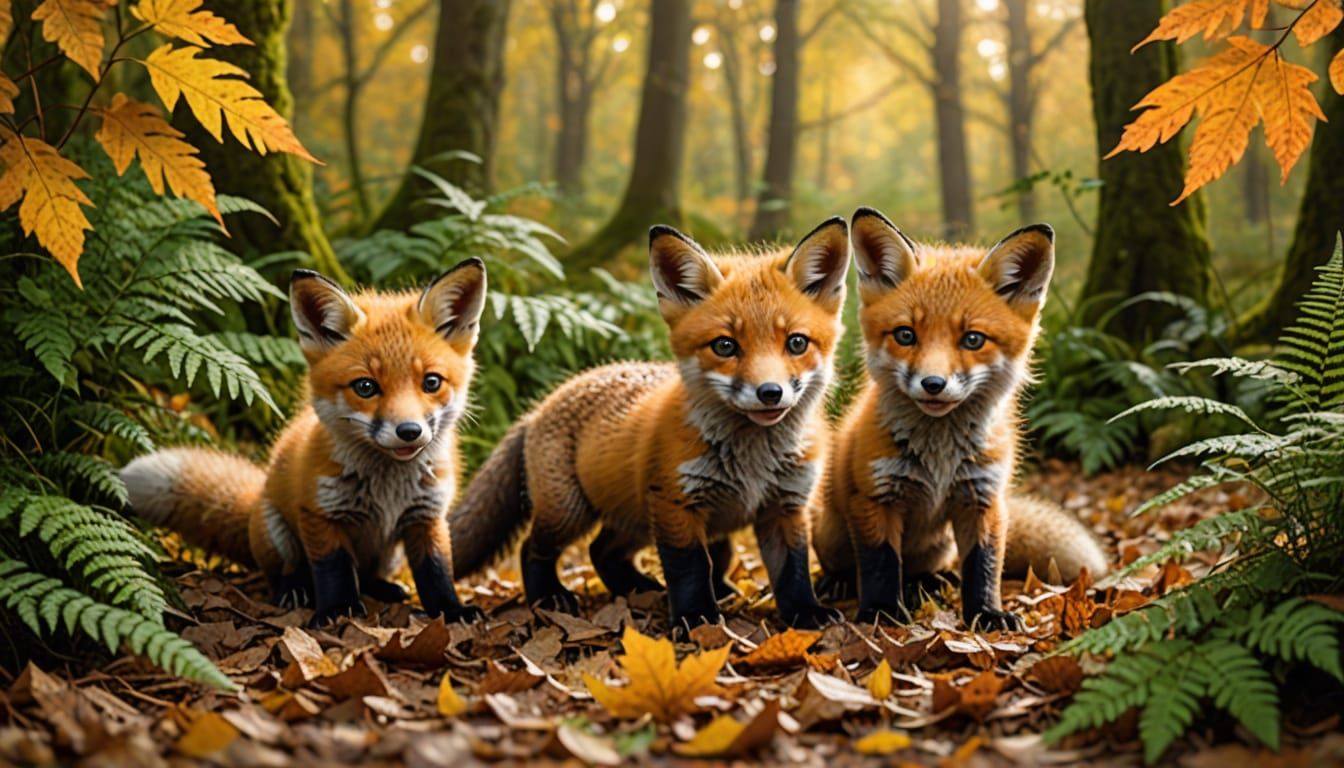 Adorable Fox Cubs Play Among Autumn Leaves