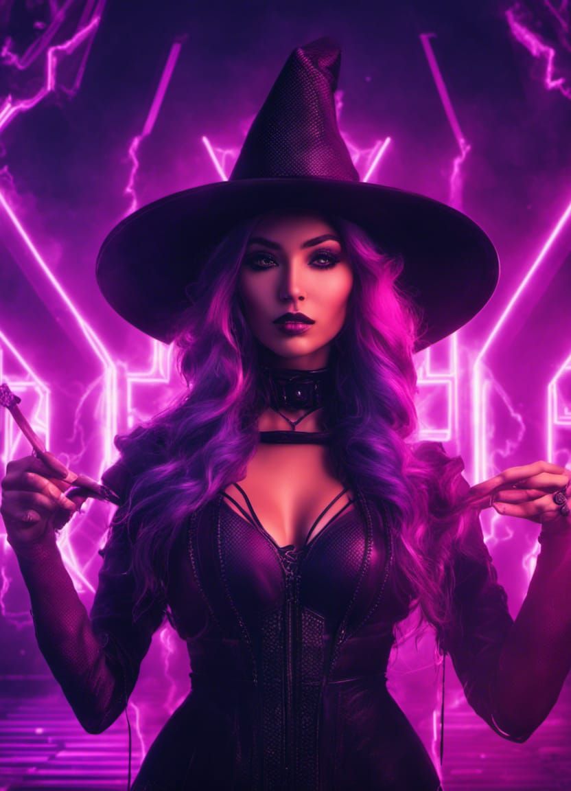 Neonpunk Witch Casting Cyberhex Spell
