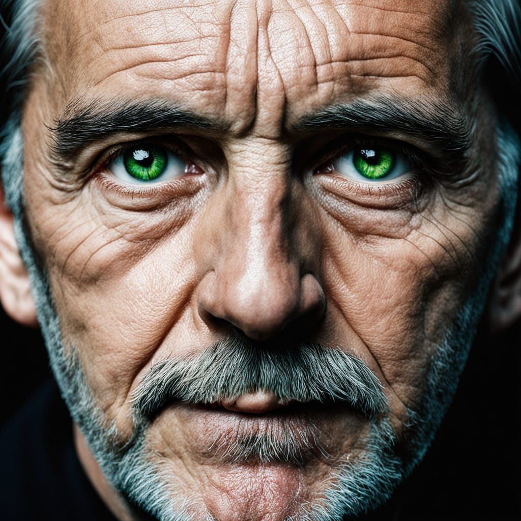 Hyperrealistic Portrait of an Old Man with Wise Green Eyes