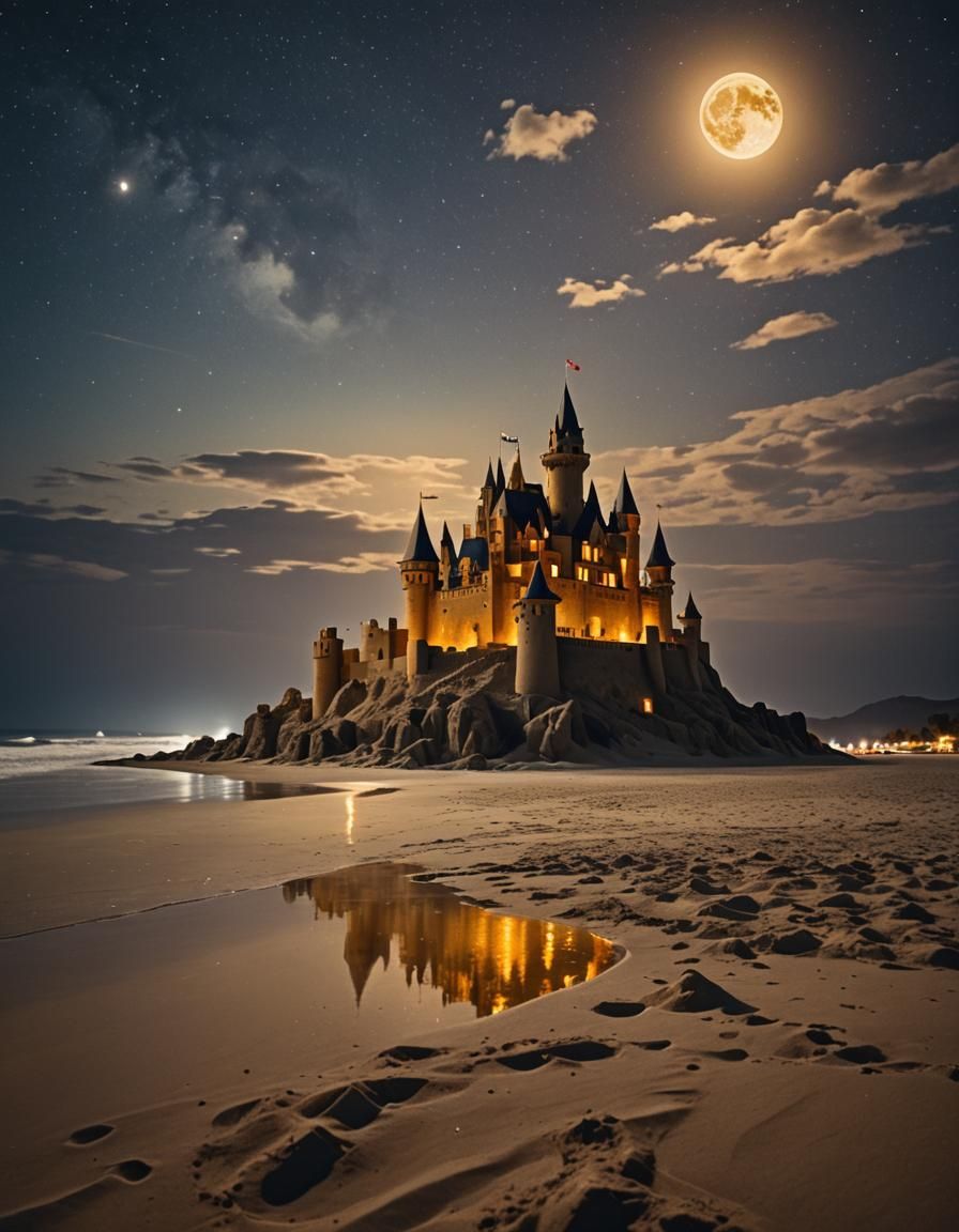 Majestic Sandcastle Under Starry Night Sky