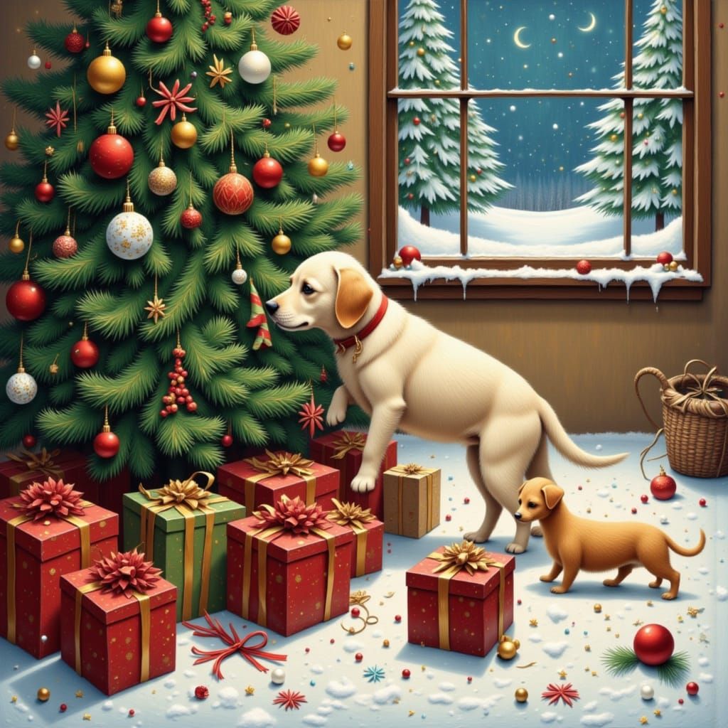 Labrador Puppy Investigates Christmas Presents by Fireplace