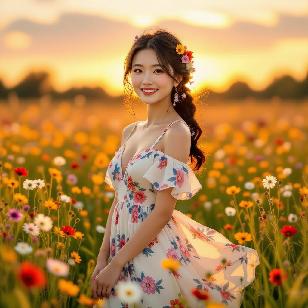 East Asian Woman in Wildflower Field at Sunset
