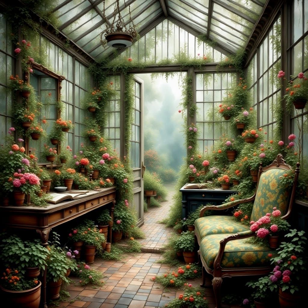 Misty Victorian Greenhouse in Antique Watercolor Style