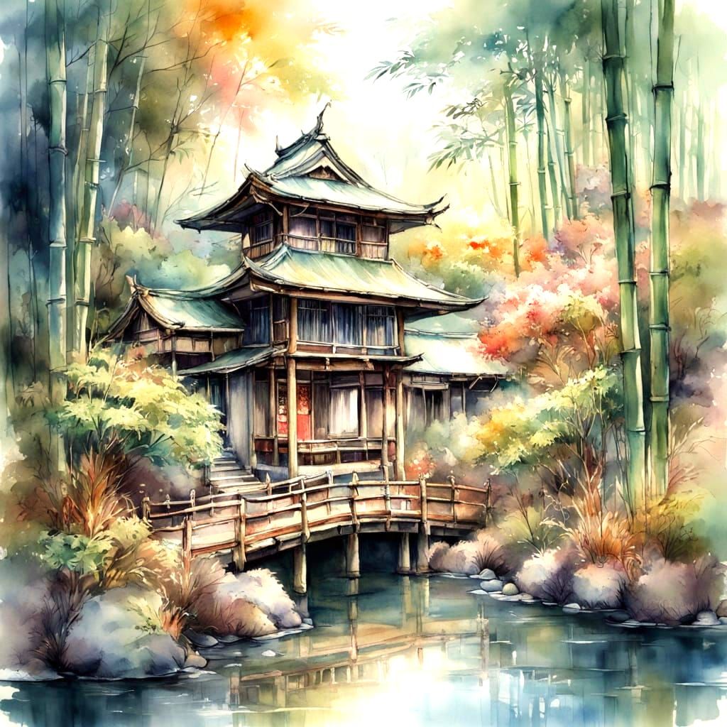 Serene Japanese Teahouse in Bamboo Forest, Watercolor Style