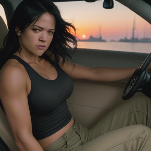 Michelle Rodriguez Close-Up in Car at Sunset