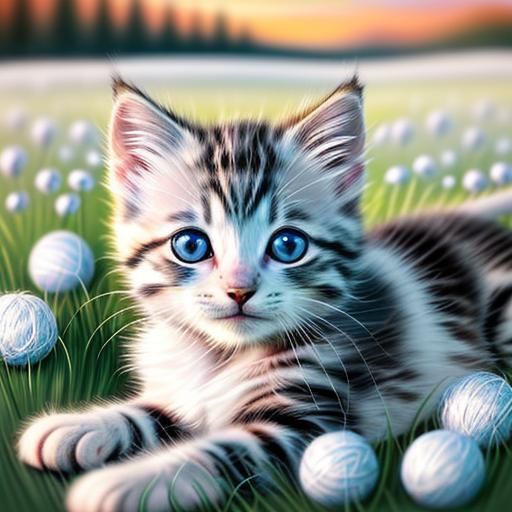 Cute Kitten Playing in Sunny Meadow, Digital Art