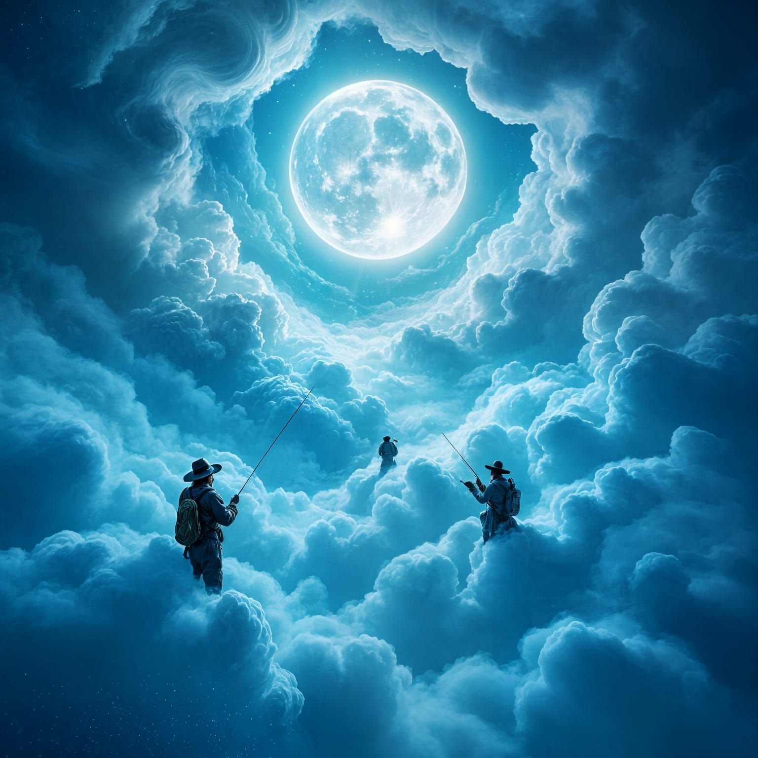 Surreal Dreamscape: Fishermen on Clouds in Ethereal Light