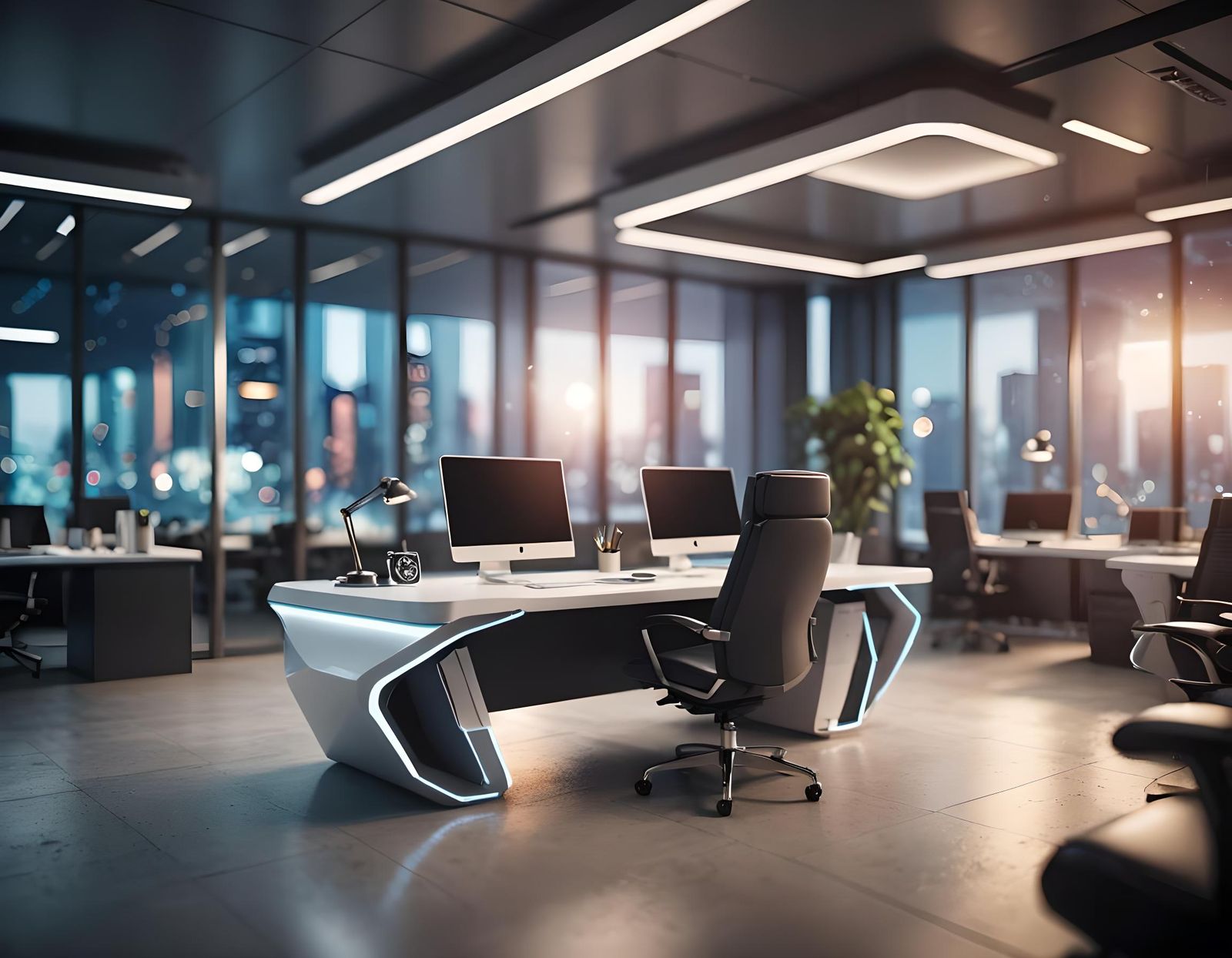 Futuristic Office Desk in 3D with Bokeh