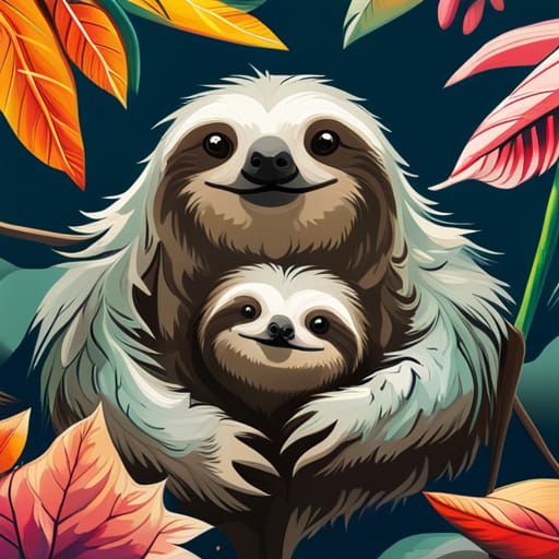 Fluffy Sloth Family in Detailed Oil Painting