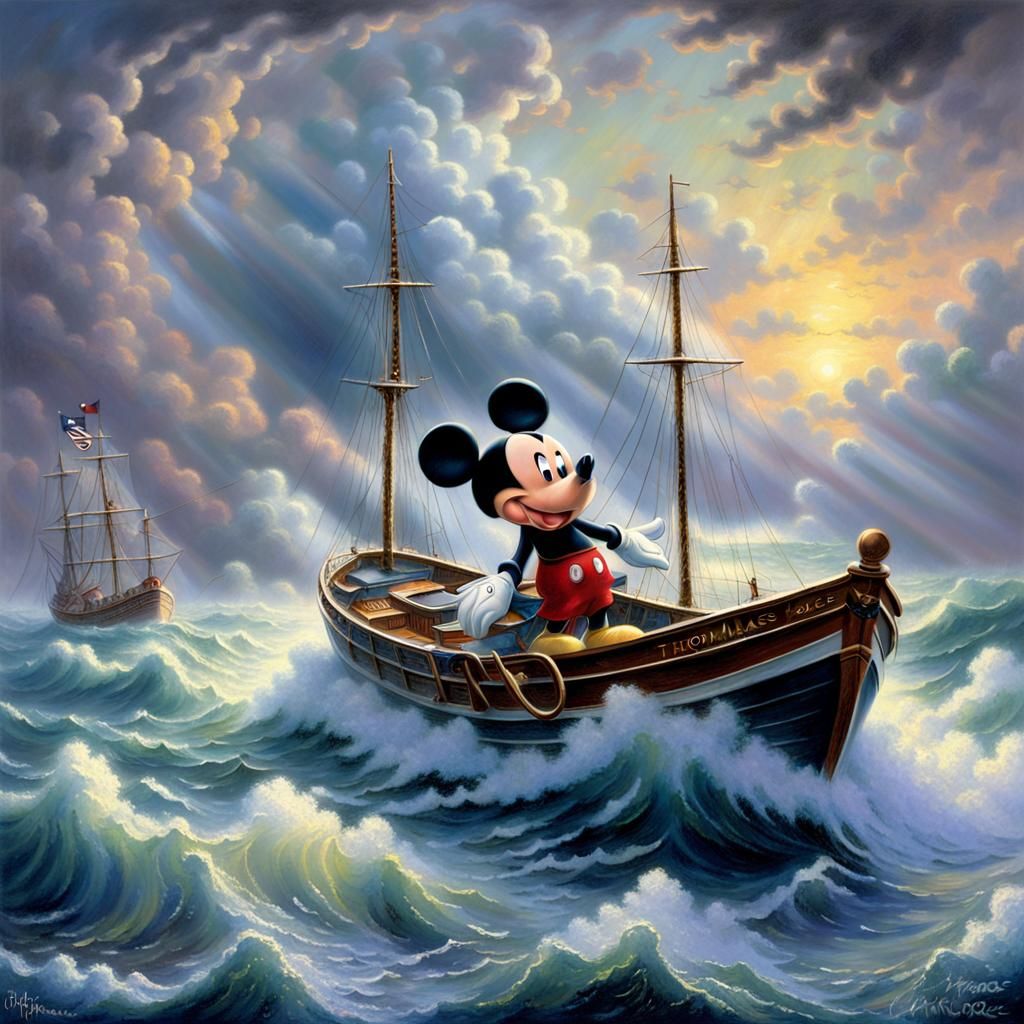 Mickey Mouse Boat in Stormy Sea: Fantasy Art