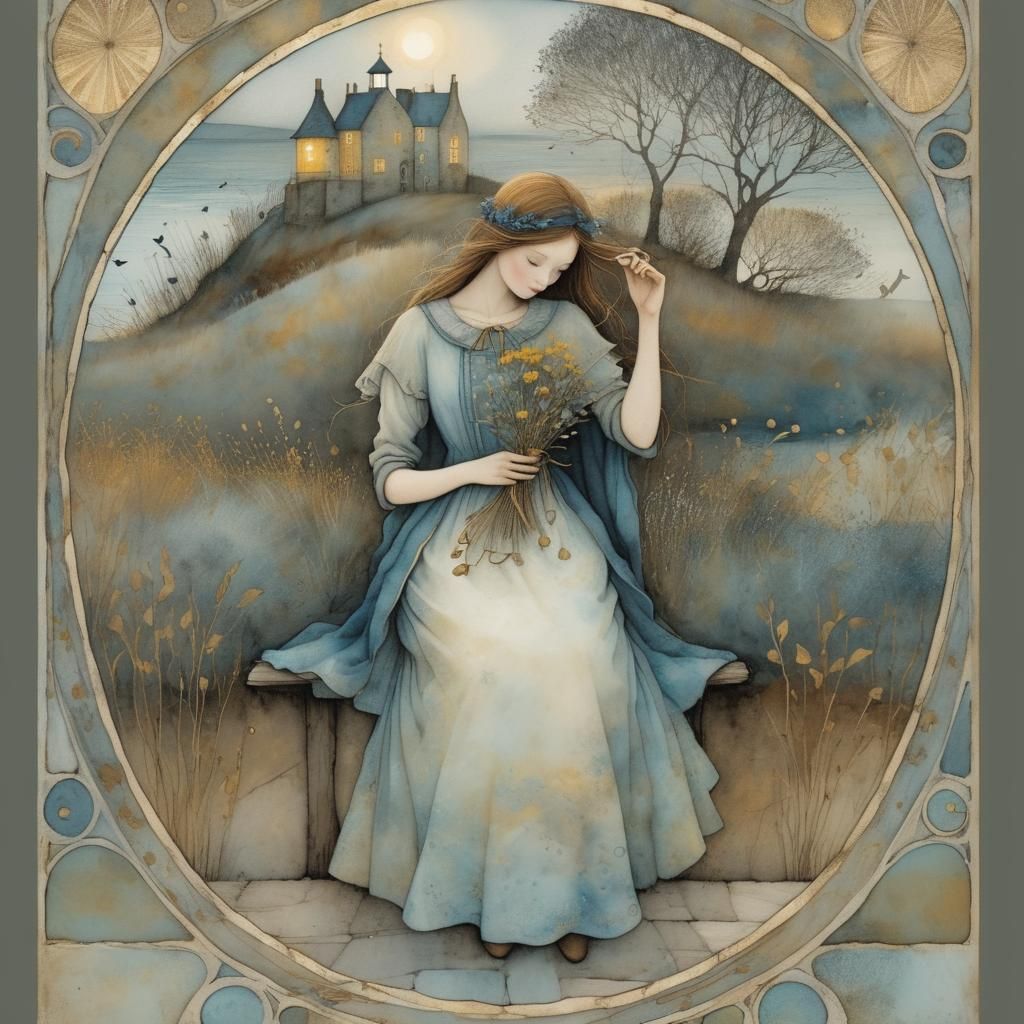 Misty Seaside Sunrise: Whimsical Illustration