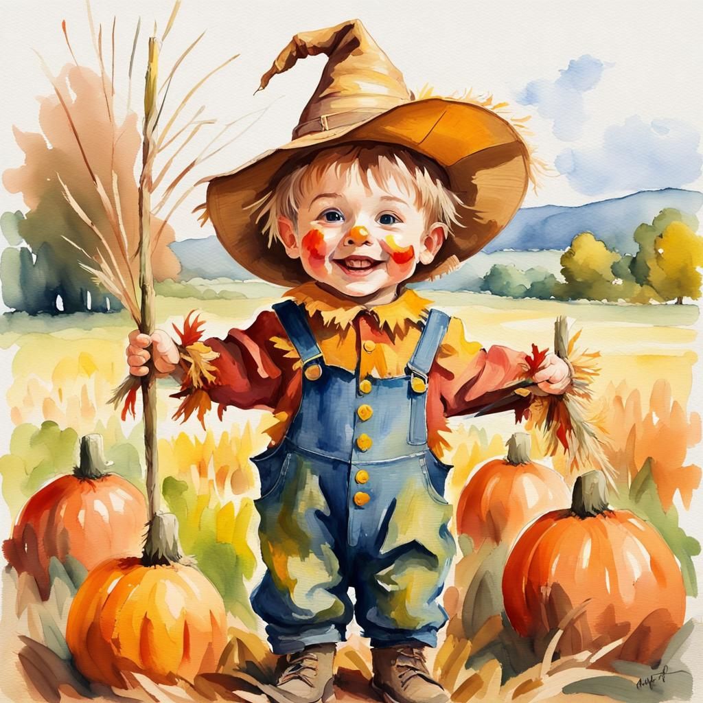 Toddler in Scarecrow Costume, Gouache Impressionist Style