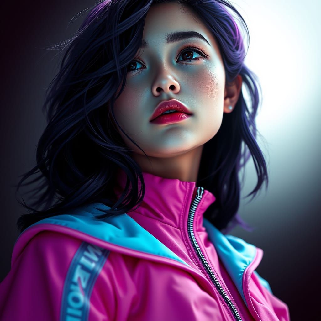 Ethereal Tracksuit Goddess in Vibrant Fantasy Realm
