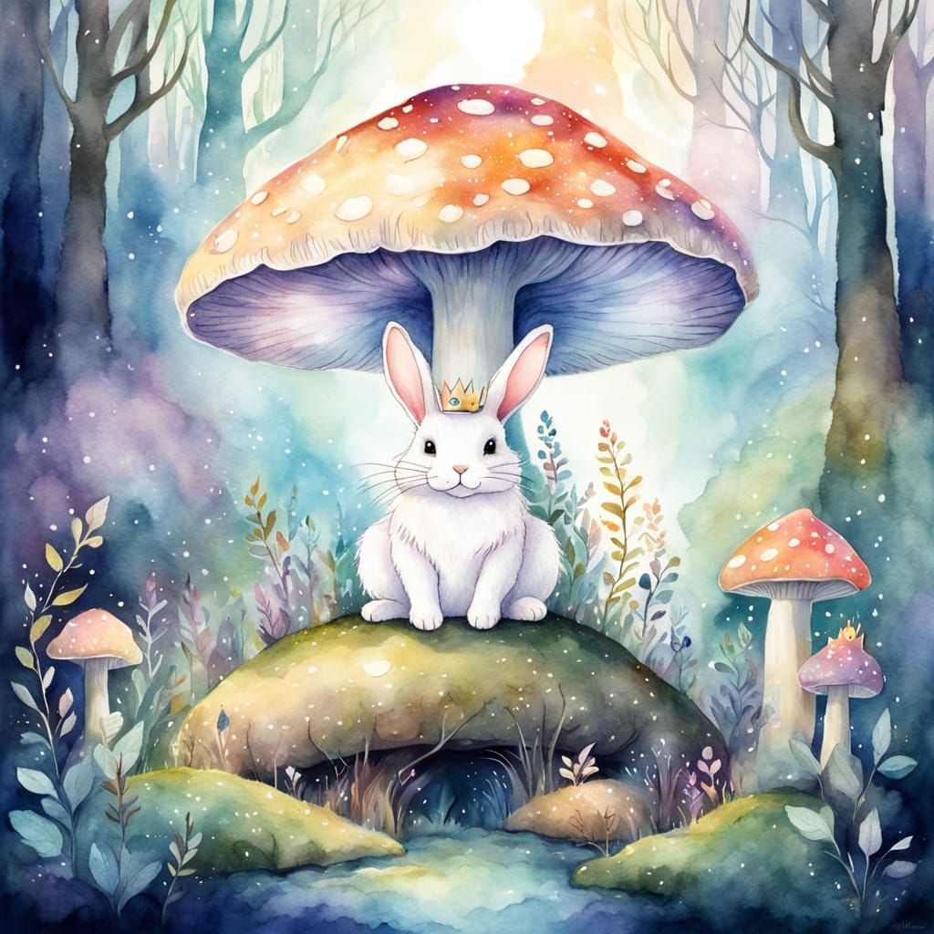 Whimsical Watercolor Bunny in Enchanted Forest