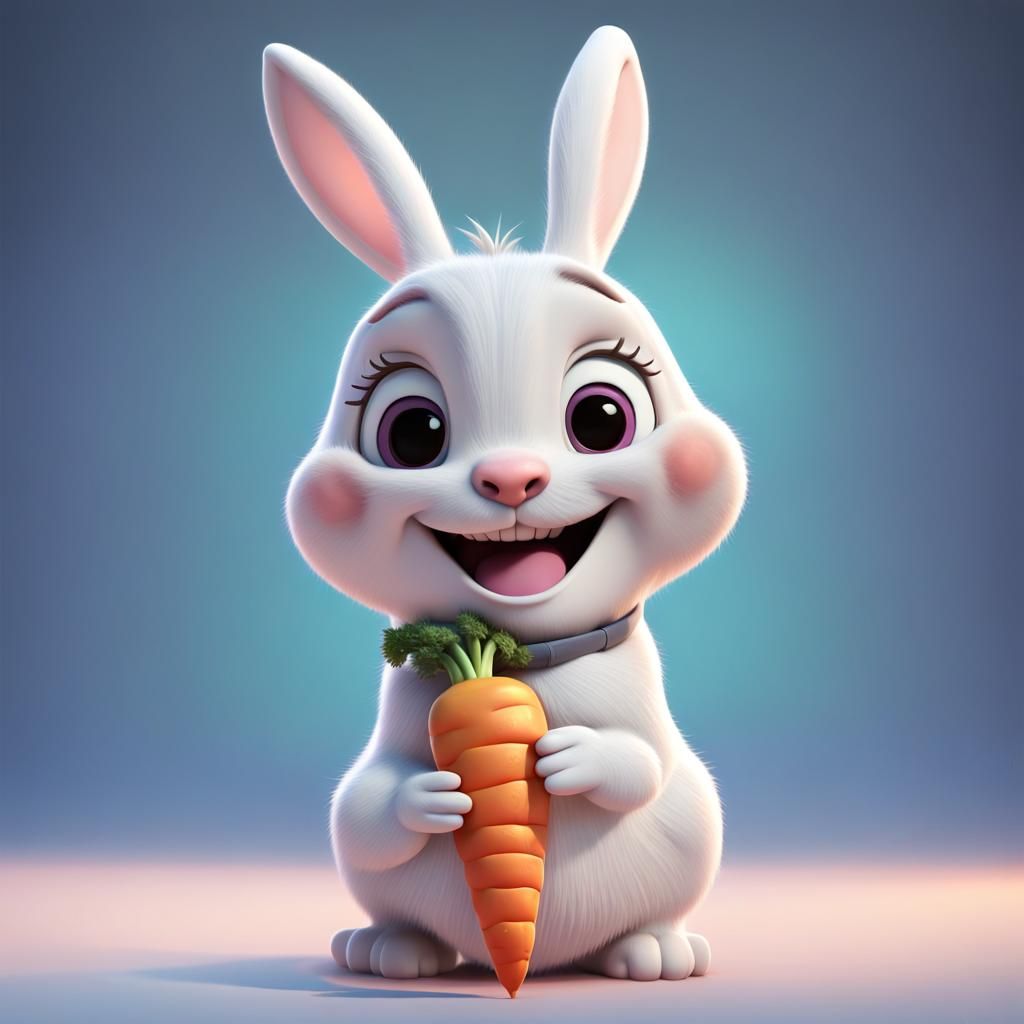 Cute White Rabbit Eating Carrot: 3D Digital Art
