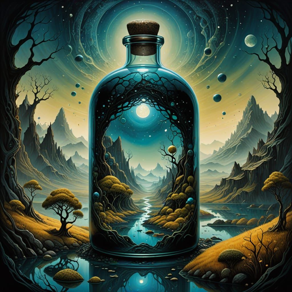 Surreal Alien Landscape with Glass Bottle
