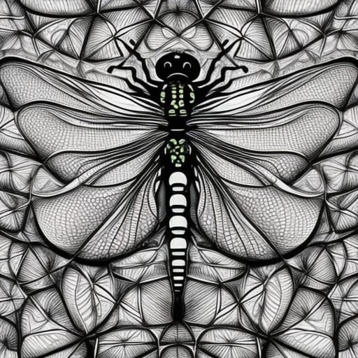 Hyperdetailed Charcoal Dragonfly with Lily Pads