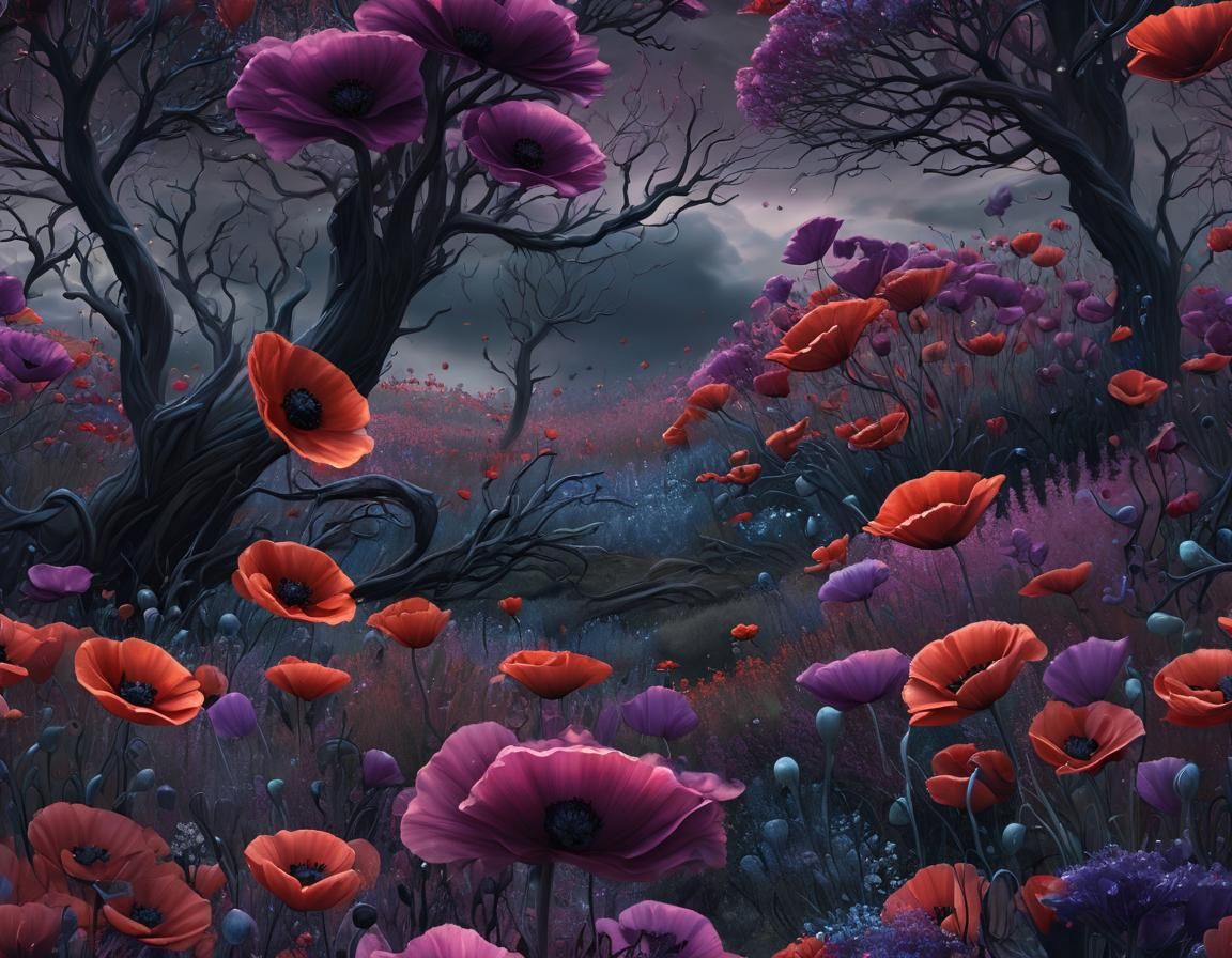 Eerie Storm over Poppy Field in Fantasy Illustration