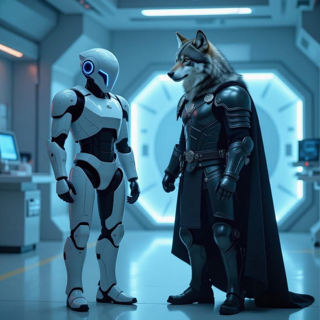 Android and Knight Wolf in High-Tech Room