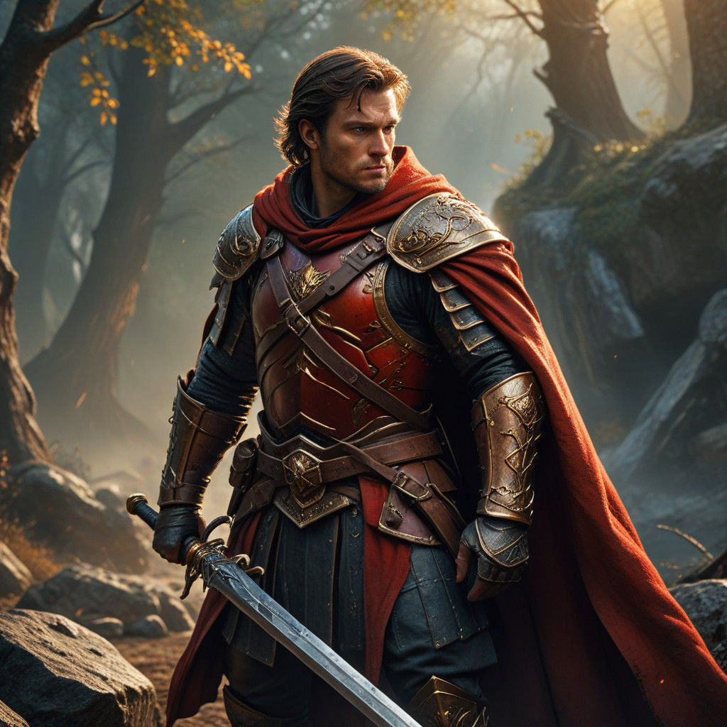 Heroic Human Fighter in Red Cloak, Standing Courageously in...