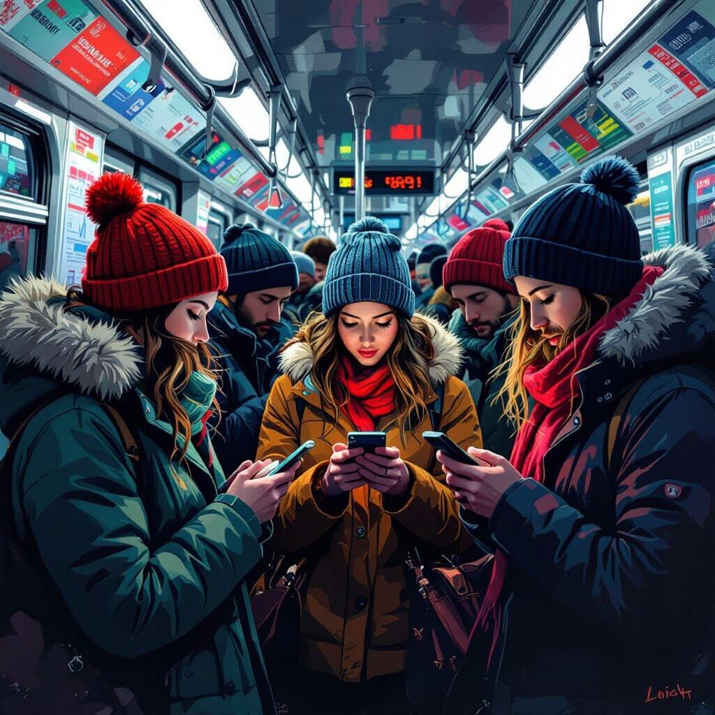 Crowded Subway Scene: People Absorbed in Smartphones