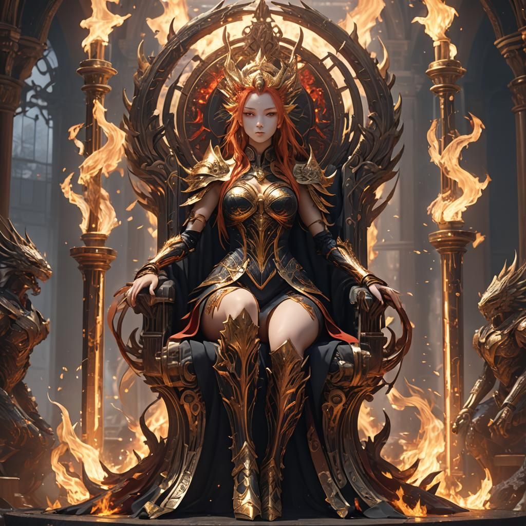 Long-Legged Fire Goddess on Throne: 3D Anime Art