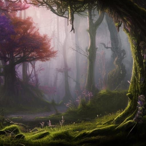 Detailed Purple Moss Forest Landscape in Fantasy Art