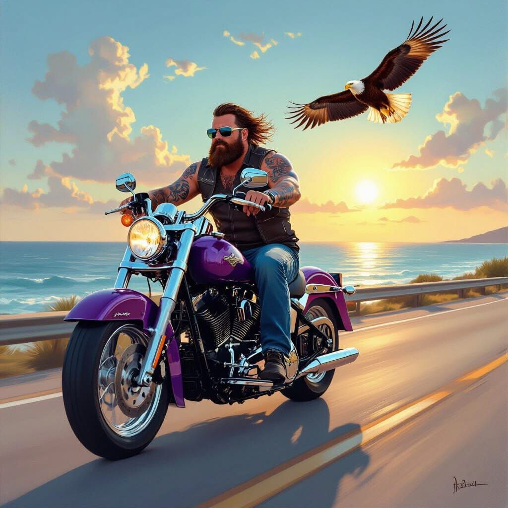 Man Rides Purple Harley at Golden Hour Ocean Highway