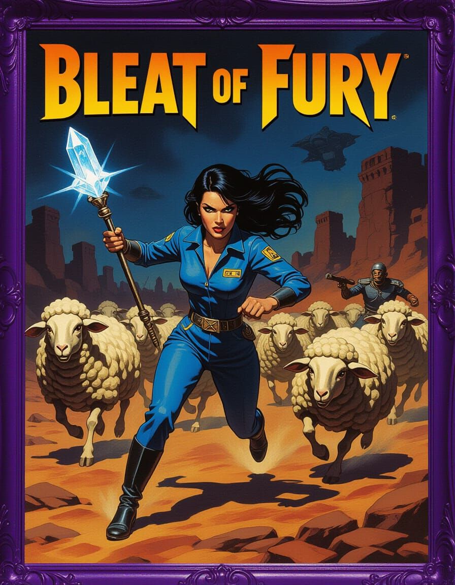 Bleat of Fury: Woman vs. Sheep-People, as Oil Painting