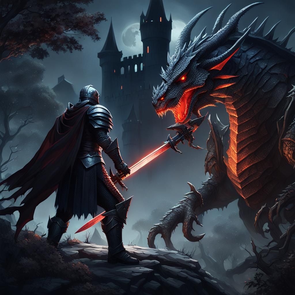 Epic Knight and Dragon Battle in Dark Fantasy Style
