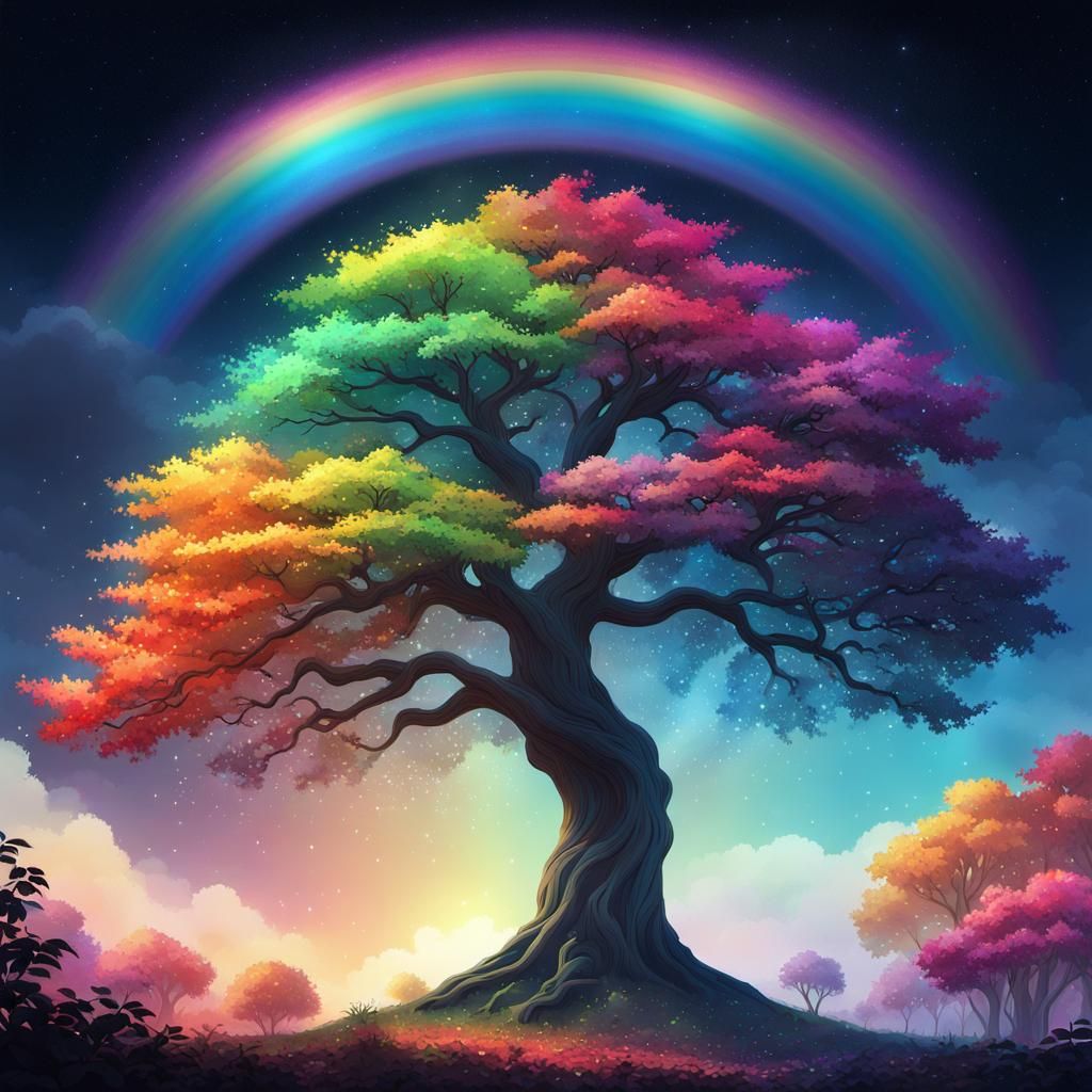 Magical Rainbow Tree in Watercolor Style