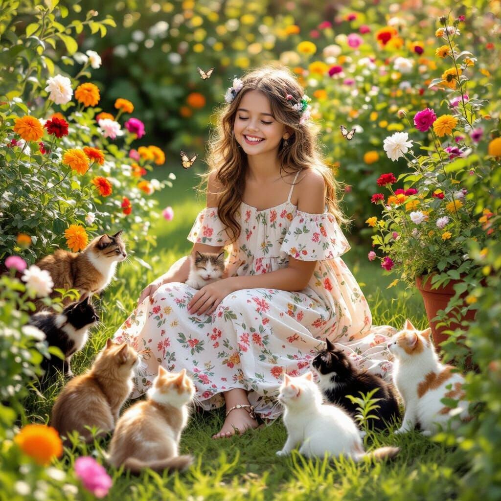 Girl with Cats in a Sun-Drenched Garden