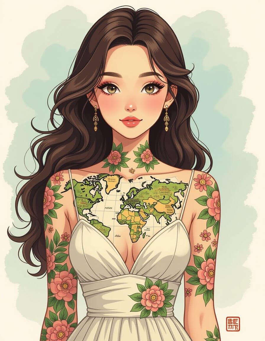 Map Tattoo Portrait in Studio Ghibli Style