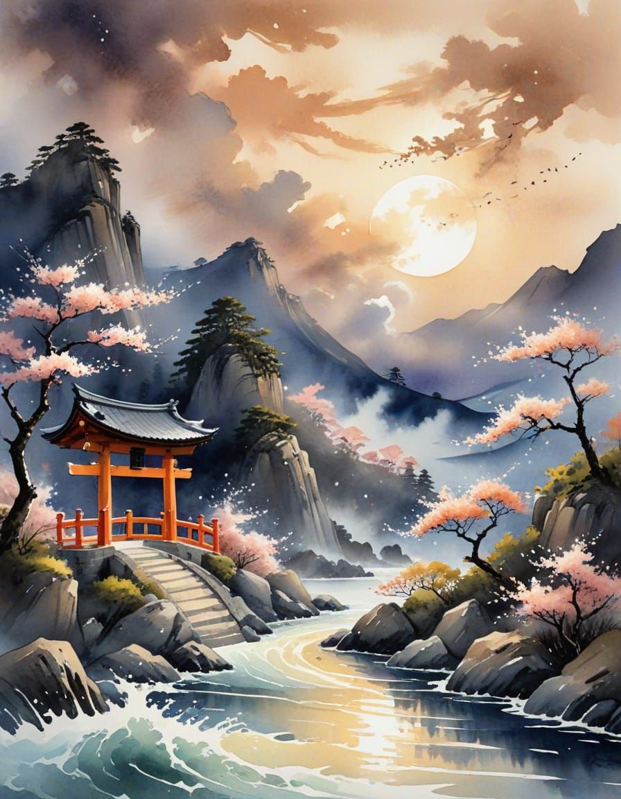 Surreal Japanese Watercolor Depiction of a Kitsune Climbing ...