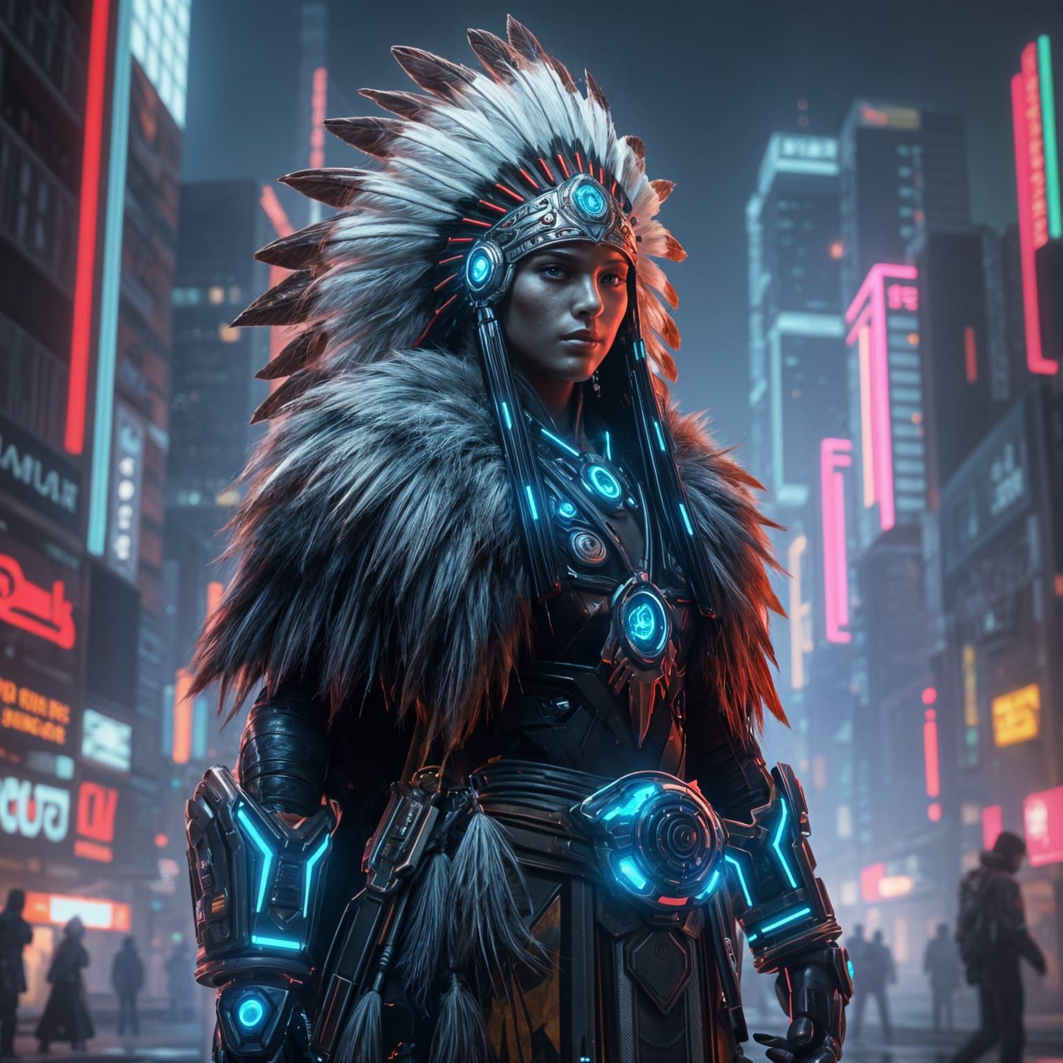 Native Warrior in Cyberpunk Regalia