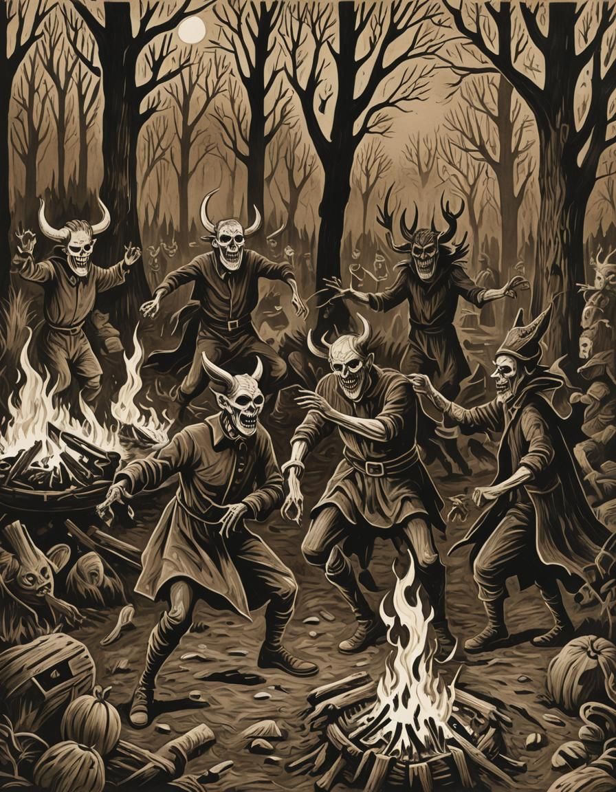 Eerie Pagan Devils Dancing: Folk Art Woodcut