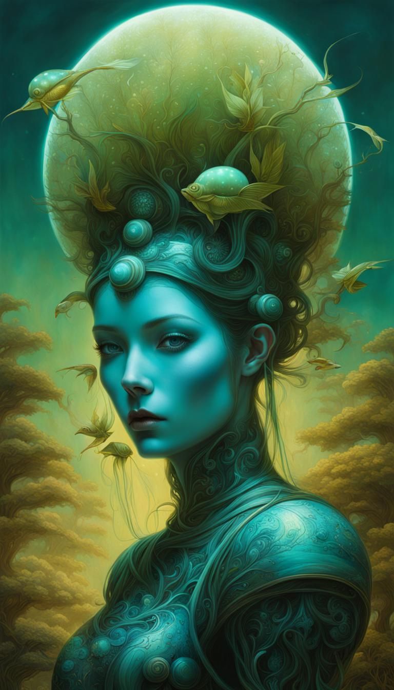 Surreal Girl with Bioluminescent Plant in Head, in the Style...