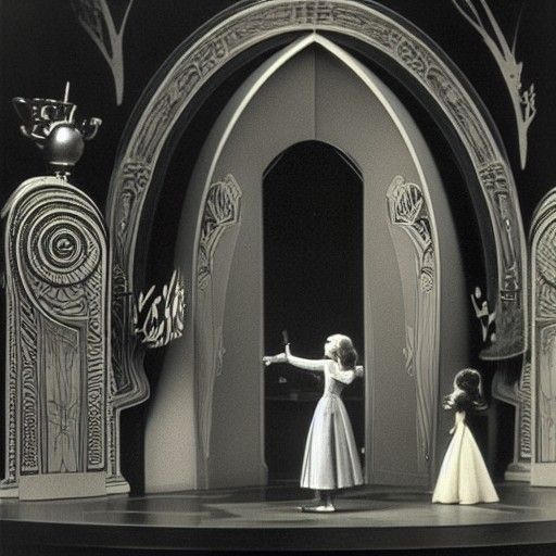 Alice and Queen Croquet Fantasy in Art Deco Style