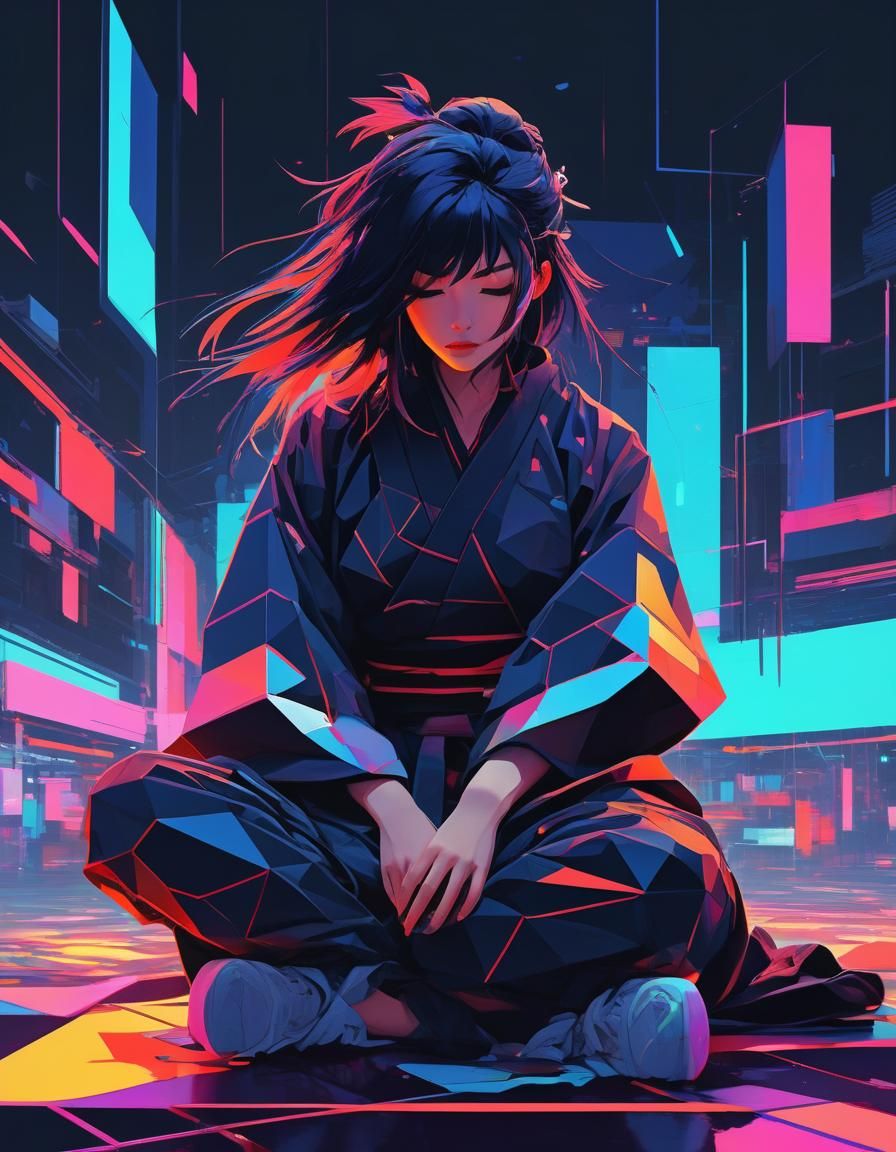 Anime Samurai Girl in 80s Glitch Art Style