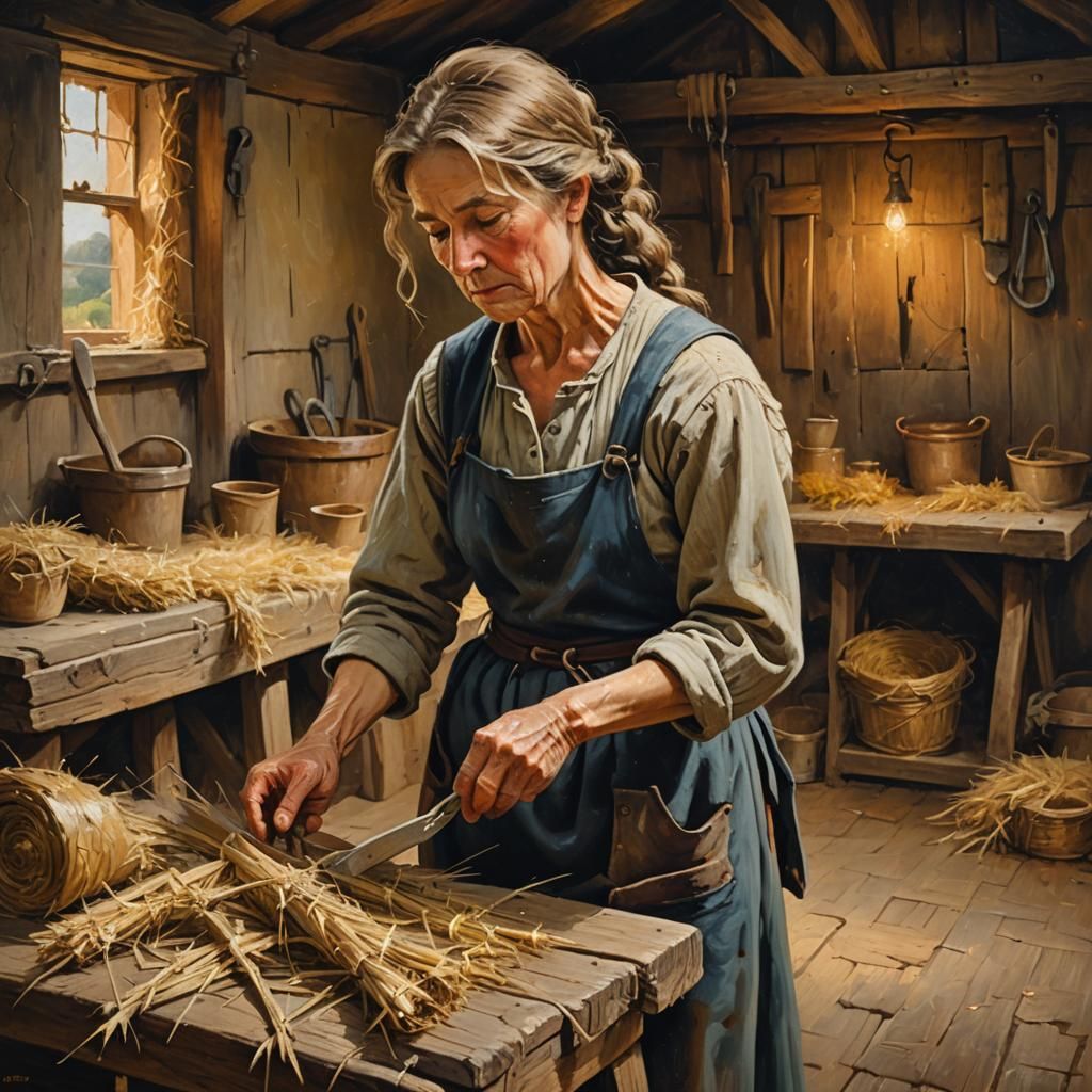 Medieval Farmer's Wife at Work: Impressionistic Oil Painting