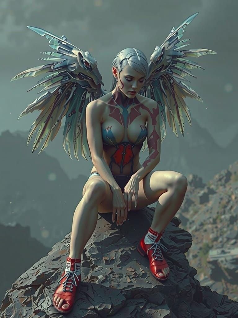 Hyper-Realistic Winged Female Portrait in Dystopian Scene