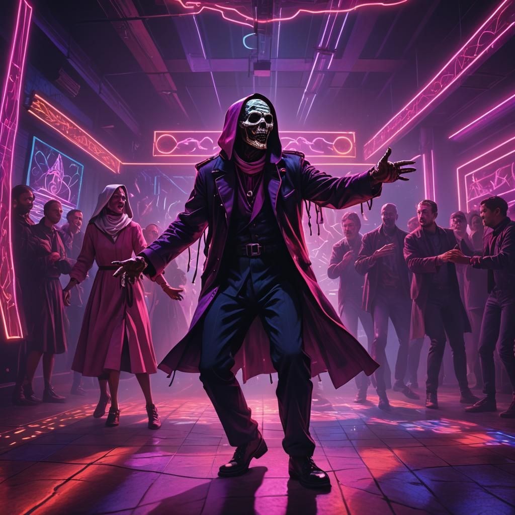 Freddy Kreuger Disco Dance in Neon Horror Style