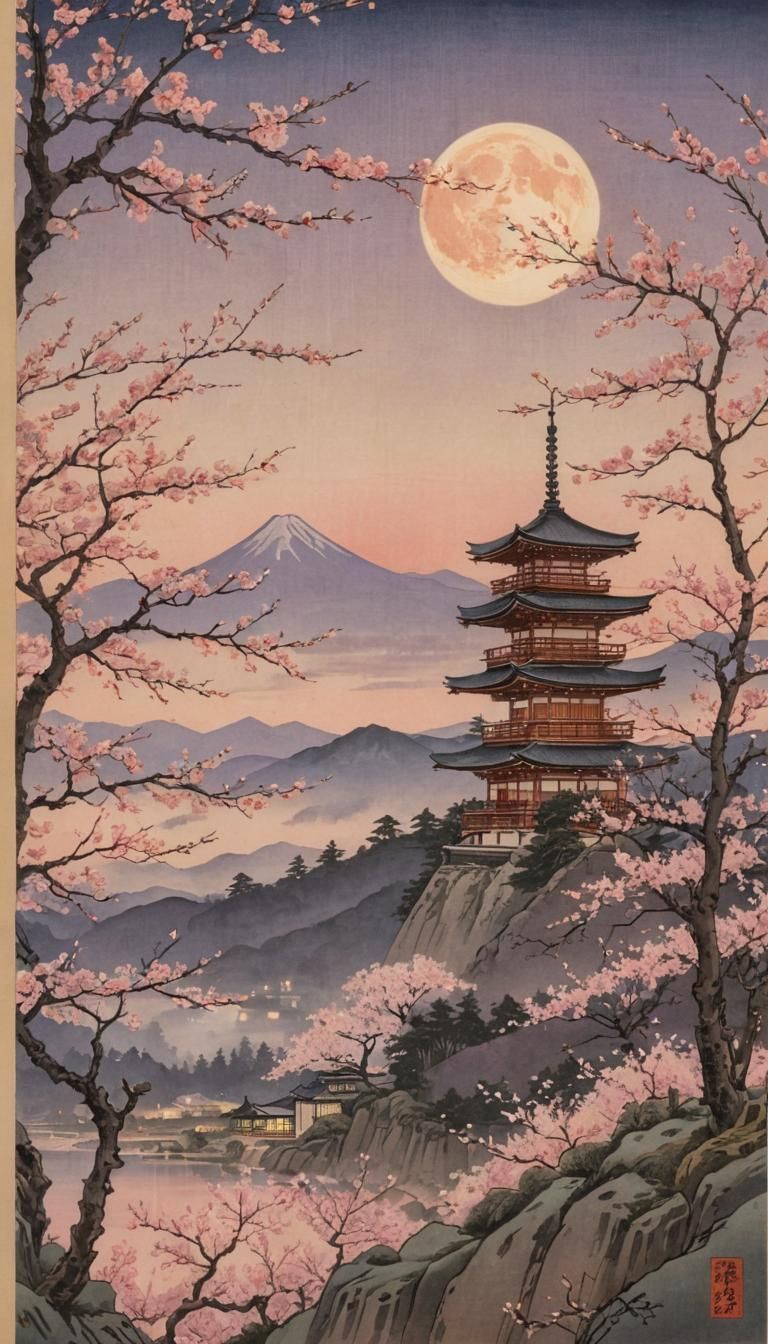 Ukiyo-e Mountain Pagoda Landscape with Pink Moon