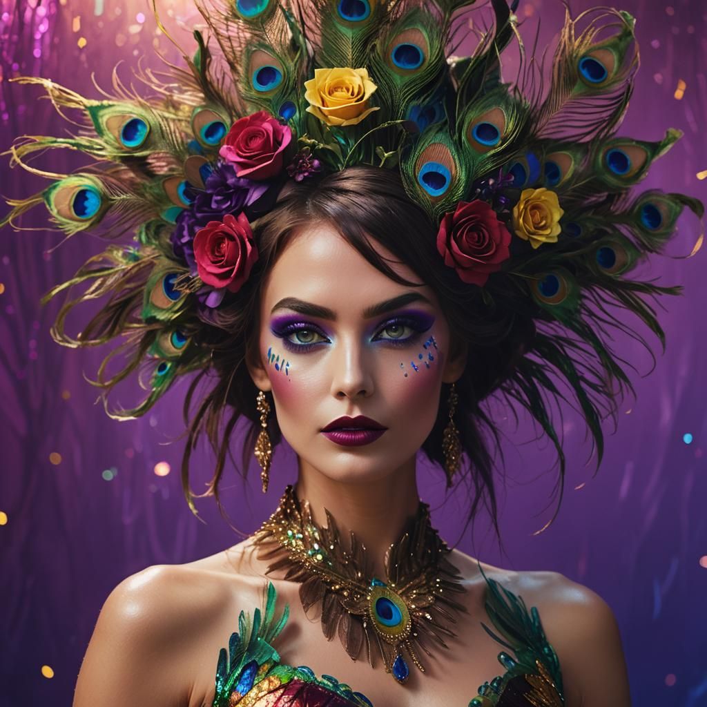Rainbow Woman with Peacock Feathers: Cinematic Portrait