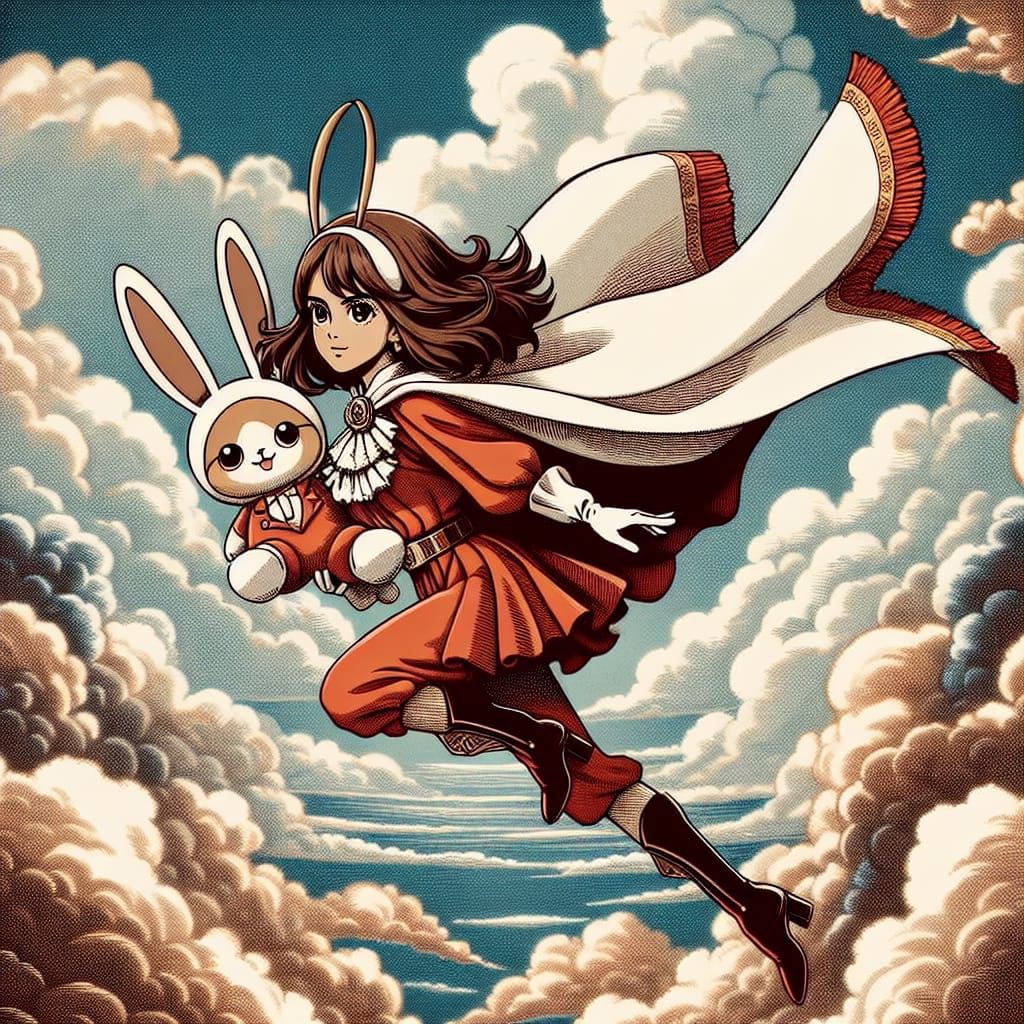 Hispanic Girl Superhero Ascends with Bunny, Manga Style