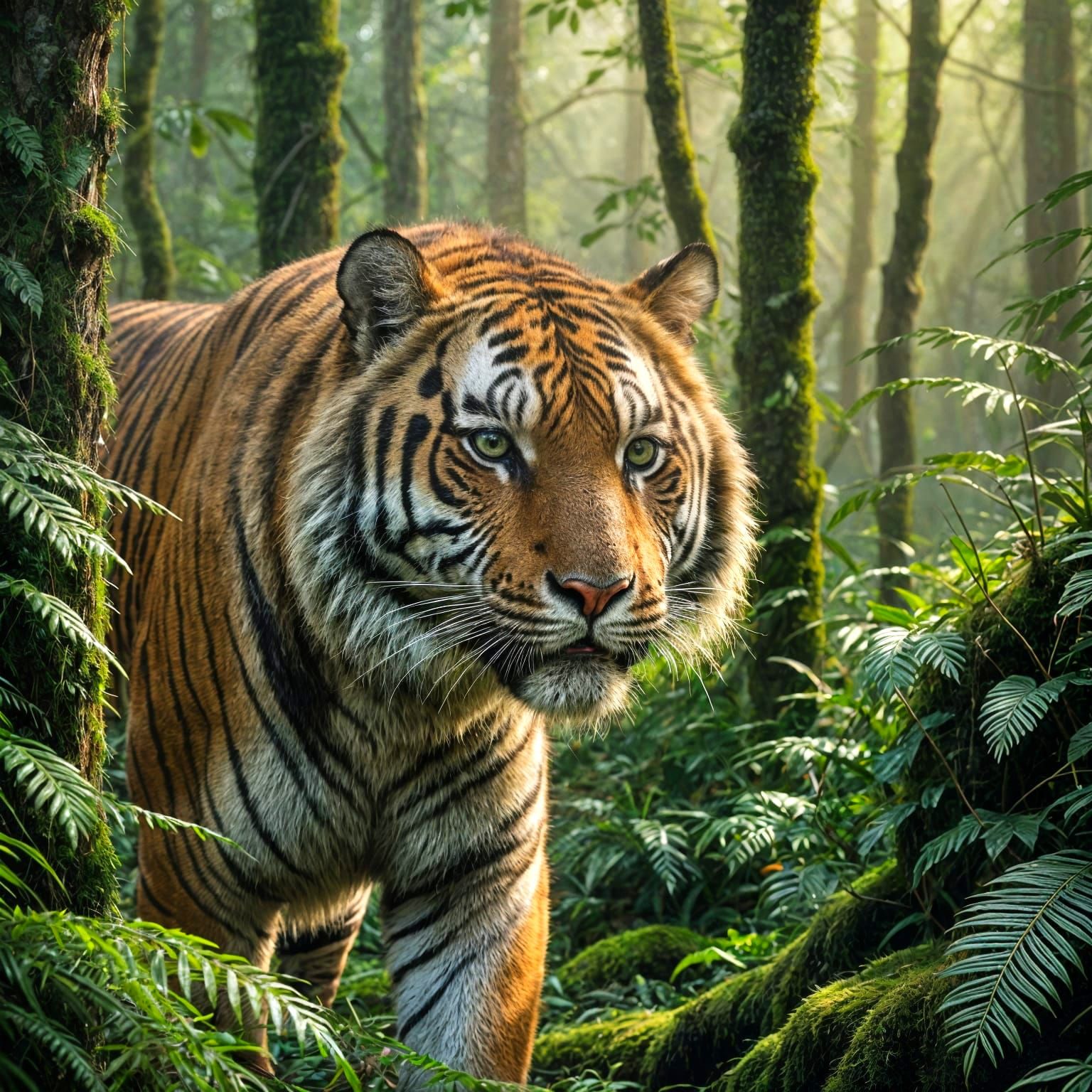 Photorealistic Tiger in Misty Jungle at Golden Hour