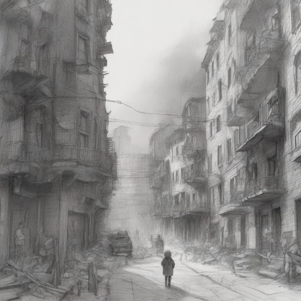 Haunting Pencil Sketch of War-Torn City Life
