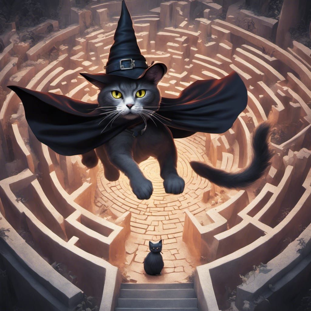 Whimsical Cat in a Maze: Fantasy Concept Art