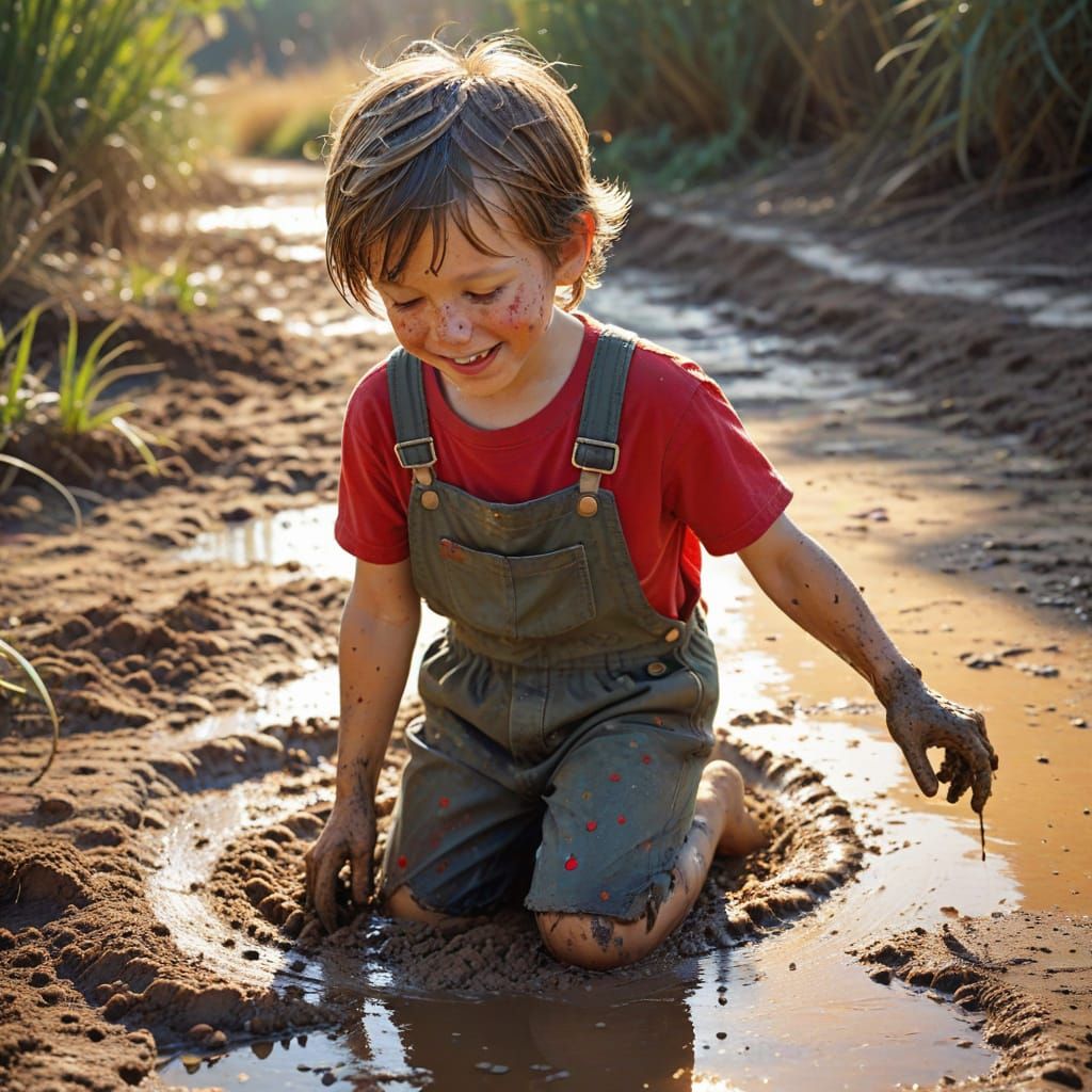 Boy Splashing in Mud Puddle: Watercolor Expressionism